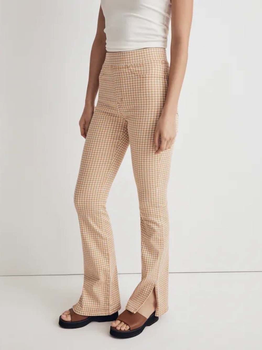 NEW Madewell Pull-On Skinny Flare Jeans in Mini Check Plaid Autumn Gold Yellow